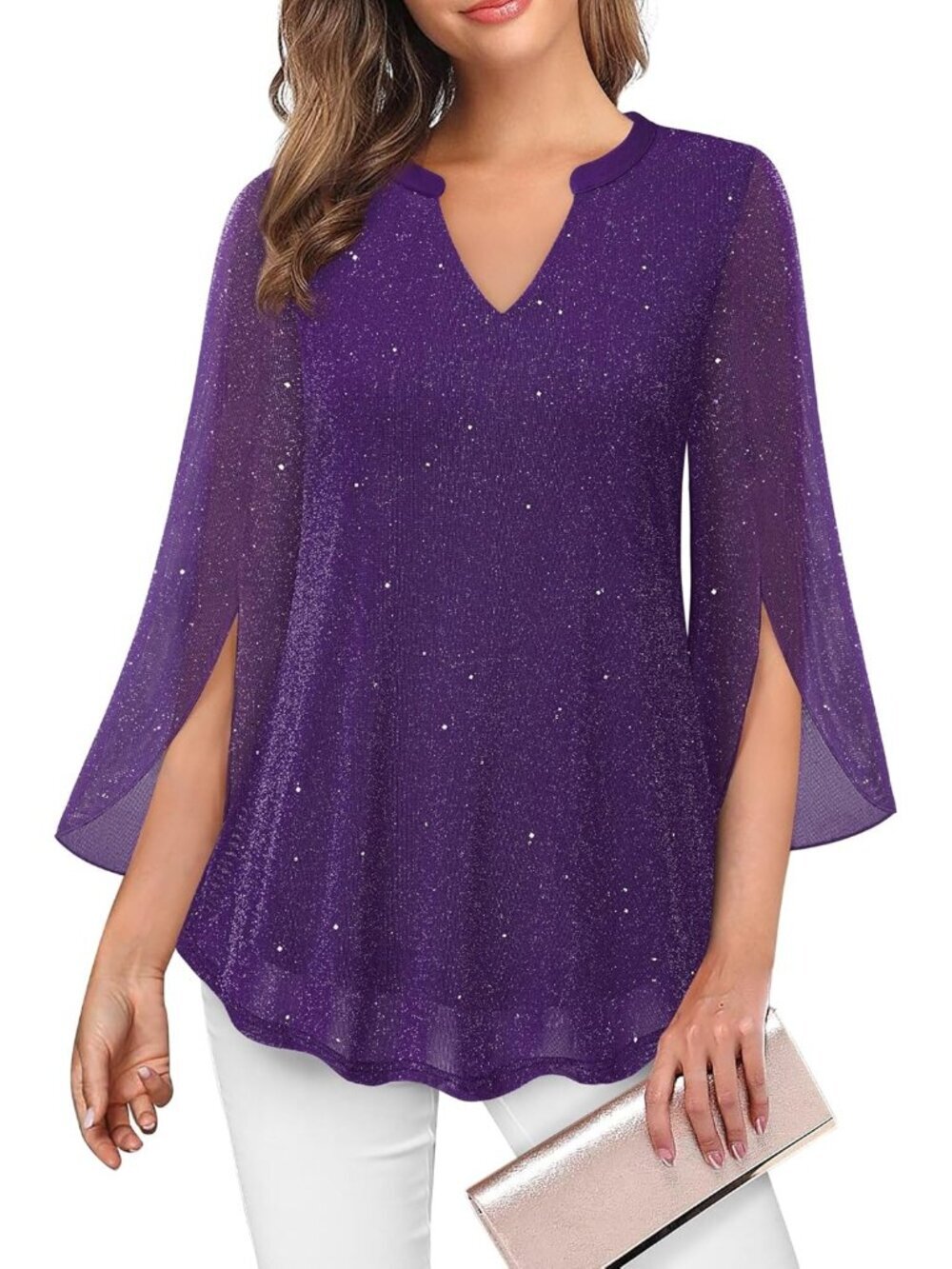 VALOLIA Women's Tops Violet 3/4 Sleeve Floral V Neck Double Layers Mesh Blouses